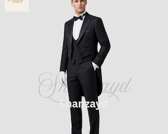 Czarny frak męski, formalny garnitur w stylu wiktoriańskim, frak dwurzędowy, garnitur dla pana młodego, strój wieczorowy, smoking