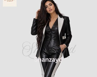 Traje de cuero negro para mujer, conjunto de blazer con paneles de contraste, traje de pantalón de cuero ajustado, atuendo formal de noche, ropa elegante para la oficina, traje de tres piezas
