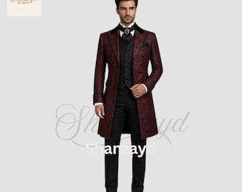 Burgundy Gothic Frock Coat Men, Victorian Wedding Suit, Brocade Tailcoat, Vintage Formal Outfit, Regency Style Coat, Black Vest Suit Set