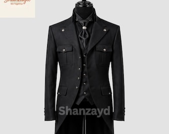Abito da uomo gotico vittoriano con frac, cappotto militare nero, abito formale steampunk da matrimonio, abito da ballo, abito edoardiano