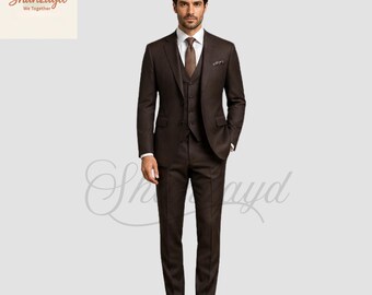 Traje de hombre marrón de 3 piezas, corte ajustado, traje formal, traje de boda, traje de novio, traje de negocios, traje clásico a medida, conjunto de chaleco y pantalón.