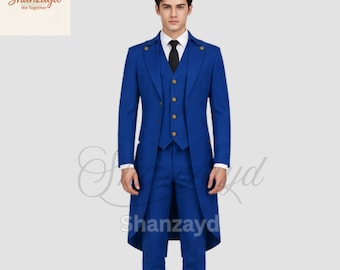 Königsblauer viktorianischer Frack für Männer, Regency-Gehrock-Hochzeitsanzug, gotischer formeller Smoking, kundenspezifischer Abschlussball-Bräutigam-Outfit