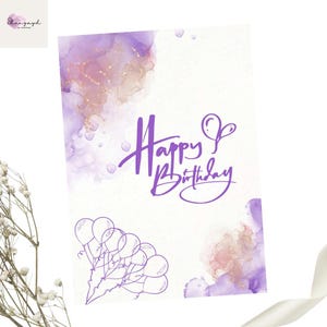 Tarjeta de cumpleaños minimalista morada – Estética moderna imprimible – PDF elegante de 5x7 – Descarga instantánea para ella