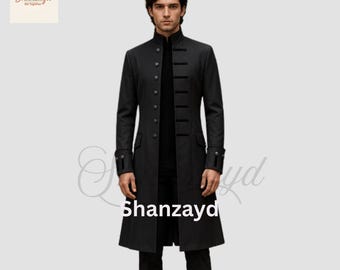 Black Gothic Frock Coat Men Victorian Long Coat Formal Tailcoat Steampunk Wedding Coat Regency Style Overcoat Military Style Coat