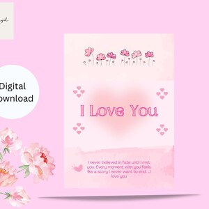 "Romantische ""I Love You"" Druckbare Karte • Rosa Herz Digitaler Download • Süße Liebesnote für Ihn oder Sie • Valentinstags- oder Jahrestags-Karte."