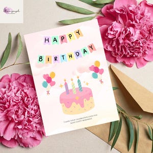 Verjaardagskaart zoete pastelkleur – afdrukbaar ontwerp met cake en ballonnen – schattige digitale groet van 5 x 7 – directe pdf-download