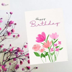 Cartão de aniversário em aquarela para ela – Saudação floral 5x7 para impressão – Download digital fofo – Presente de aniversário elegante em tons pastéis