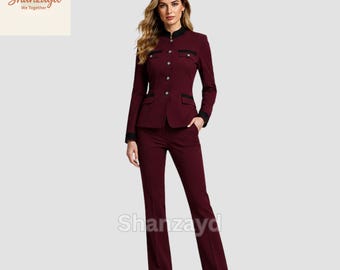 Burgundy Women Suit Set, Military Style Pantsuit, Custom Tailored Women's Suit, Formal Business Suit, Wedding Guest Outfit, Gift for her