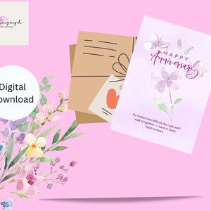 Tarjeta de aniversario romántica imprimible – Diseño floral morado en acuarela – Tarjeta de amor digital conmovedora para parejas – Descarga instantánea – 5x7