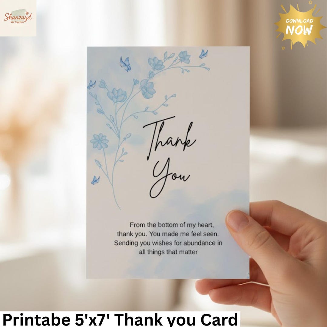 Floral Thank You Card Printable 5x7 Thank You Card PDF Instant Download ...