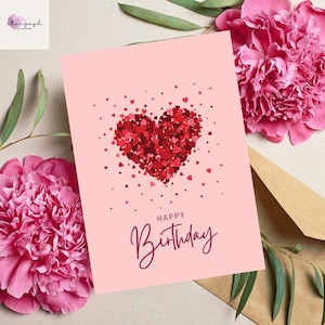 Carte d'anniversaire rose romantique pour elle - Sentimental 5 x 7 imprimable - Salutation numérique sincère - Téléchargement instantané PDF