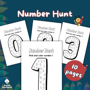 Number Hunt Find and Color the Number 1 to 10 Coloring Pages Preschool Math Worksheets Kids Activities Early Learning Printable PDF Set