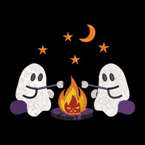 Joli motif de broderie fantôme feu de camp, fichier numérique de broderie Halloween - motif de point fantôme effrayant pour sweat-shirts et sacs