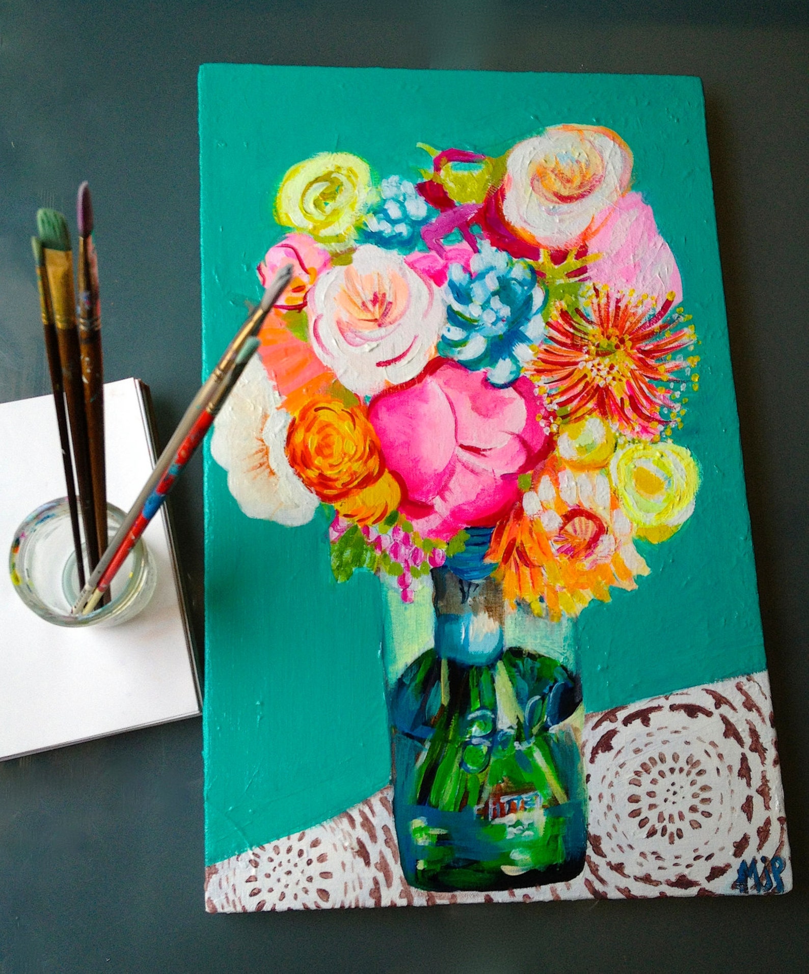 Original Mason Jar Bouquet Painting. Acrylic on Canvas. Etsy