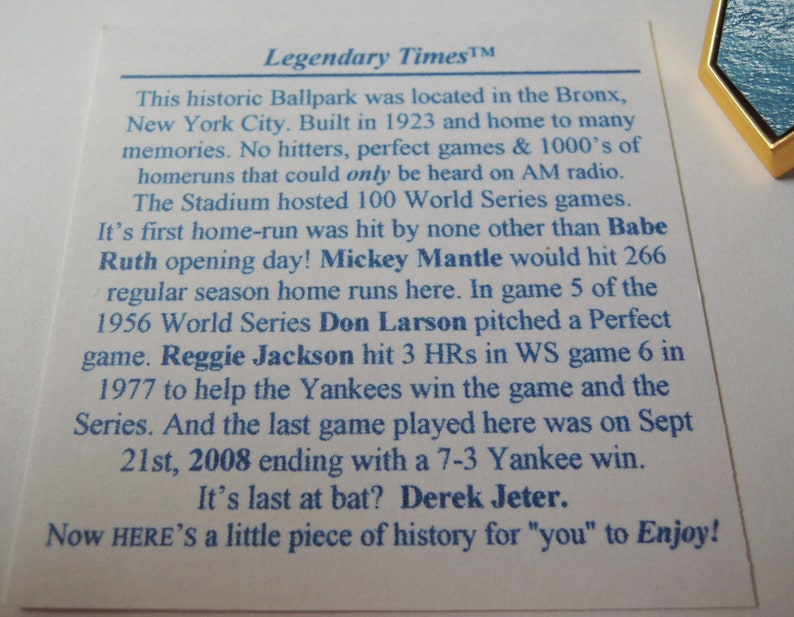 Yankee Stadium wooden seat home plate lapel pin Gift for men birthday Ruth Mantle Gehrig wood 5th anniversary present image 5