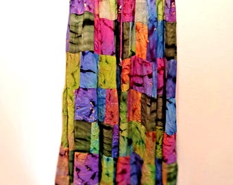 Vintage Patchwork Rayon Boho Midi Skirt Fringe Hem Elastic Waist India Free Size