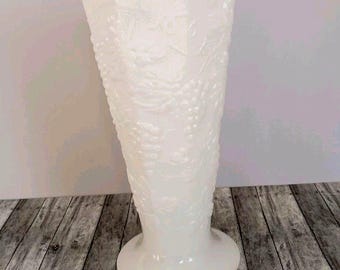 Vintage Milk Glass Paneled Grape Footed Vase 10" Tall Centerpiece