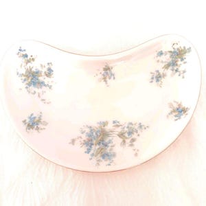 May include: A kidney-shaped, off-white serving dish with a delicate floral pattern. Clusters of blue flowers with green leaves are scattered across the surface. The rim is trimmed with a thin gold band, adding a touch of elegance to the design.