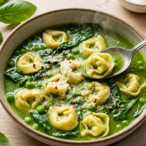 May include: A bowl of tortellini soup with a vibrant green broth, spinach, and peas. The soup is garnished with grated cheese and red pepper flakes. A spoonful of soup is being lifted from the bowl.