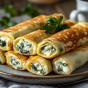 Puede incluir: Una pila de crepes doradas rellenas de una mezcla cremosa blanca y espinacas verdes. Las crepes están dispuestas en un plato gris, con una ramita de perejil como adorno. Una taza de café es visible en el fondo.