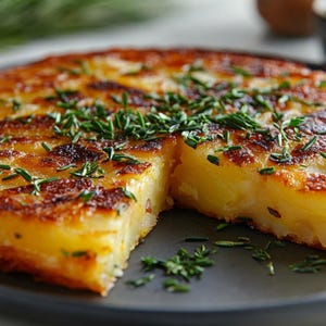 May include: A golden-brown potato frittata, garnished with fresh green herbs, sits on a dark gray plate. A slice has been removed, revealing the layered potato interior. The dish appears freshly cooked and ready to serve.