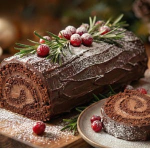 May include: A chocolate Yule log cake, dusted with icing sugar, decorated with fresh cranberries and rosemary sprigs. A slice of the cake is on a plate. Festive dessert for the holidays.