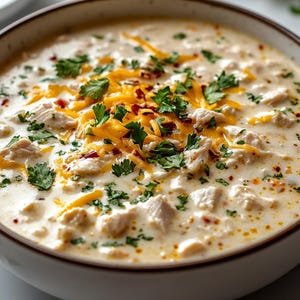 Puede incluir: Una sopa cremosa blanca en un cuenco blanco con borde marrón. La sopa contiene trozos de pollo, queso cheddar rallado y perejil picado. Copos de pimiento rojo espolvoreados por encima.