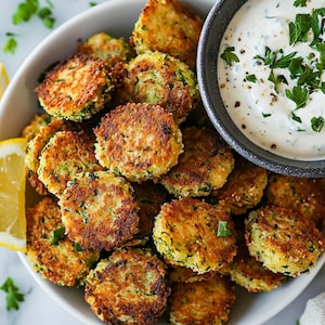 Bestes Rezept - Knusprige Zucchini-Krapfen mit Zitronen-Joghurt-Dip für gesunde vegetarische Abendessen und pflanzliche Mahlzeiten | vegetarisches Hauptgericht