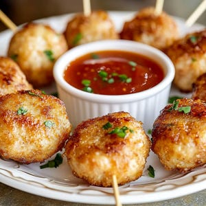 Könnte beinhalten: Ein Teller mit Vorspeisen mit goldbraunen, runden Fleischbällchen auf Holzspießen, garniert mit frischen Kräutern. Eine kleine weiße Schüssel in der Mitte enthält eine leuchtend rote Dip-Sauce. Das Essen ist auf einem weißen Teller mit dekorativem Rand angerichtet.