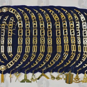 Masonic Regalia Blue Officer Gold Metal Chain Collars with Jewels 12 PCS
