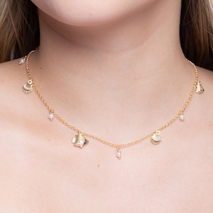 Gold Shell Charm Necklace with Mini Pearls – Delicate Summer Beach Jewelry