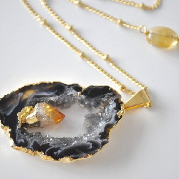 Agate Druzy with citrine long necklace