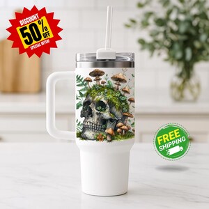 Mushroom Skull Tumbler, Spooky Tumbler Cup, Fungi Moss Tumbler, Botanical Tumbler, Nature Lover Gift, Gothic Tumbler, Halloween Gift, Skull
