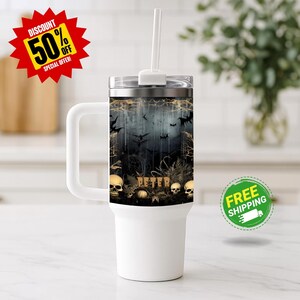 Personalized Halloween Tumbler, Spooky Season Cup, Gothic Bats and Skulls, Custom Name Tumbler, Unique Gifts for Halloween Lovers