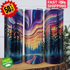 Aurora Borealis Tumbler, Northern Lights Tumbler, Forest Tumbler, Colorful Sky Tumbler, Nature Gift, Travel Mug, Gift for Her