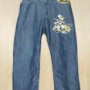 Y2K Karakuri Tamashii Embroidered Denim Jeans: Baggy Crop Sukajan Style