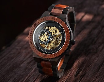 Montre gravée | Cadeau originale pour lui, Cadeaux d'anniversaire | Montre automatique | Montre en bois | Montre en bois gravé pour homme.