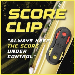 May include: A black and red Score Clip with the text "ME" and "POINTS" on it. The text "SCORE CLIP" is in large yellow letters. The text "ALWAYS KEEP THE SCORE UNDER CONTROL" is in white letters.