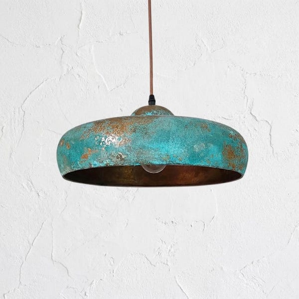 Vintage Style Patina Copper Pendant - Flat Dome Hanging Light - Industrial Farmhouse Ceiling Fixture