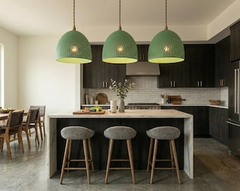 Vintage Copper Pendant Light – Green Patina Dome Lamp – Handmade Rustic Ceiling Lighting