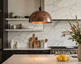 Hand-Forged Oxidized Copper Dome Pendant Light, Rustic Kitchen Island Fixture