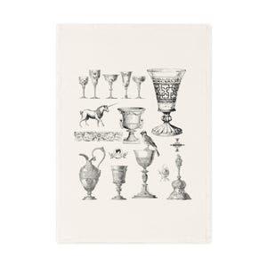 Vintage Style Cotton Tea Towel with Elegant Glassware Illustrations, Kitchen Decor, Gift for Home Cooks, Hostess Gift, Antique Home Decor