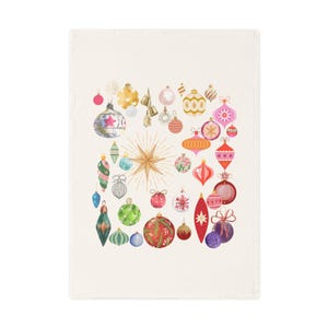 Christmas Ornaments Cotton Tea Towel - Holiday Kitchen Decor, Festive Gift, Vintage Christmas Towel, Cute Tea Towel, Seasonal Home Decor