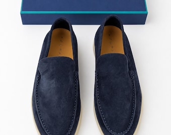 Marineblaue Wildleder-Loafer für Herren, handgefertigte italienische Slipper, Loafer für Hochzeitsgäste, Geschenk für ihn, Geschenk für Trauzeugen
