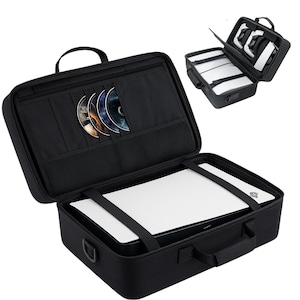 May include: Black carrying case for a gaming console, with a white console secured inside by black straps. The case has a handle and a pocket with several discs. An additional case with accessories is also shown.