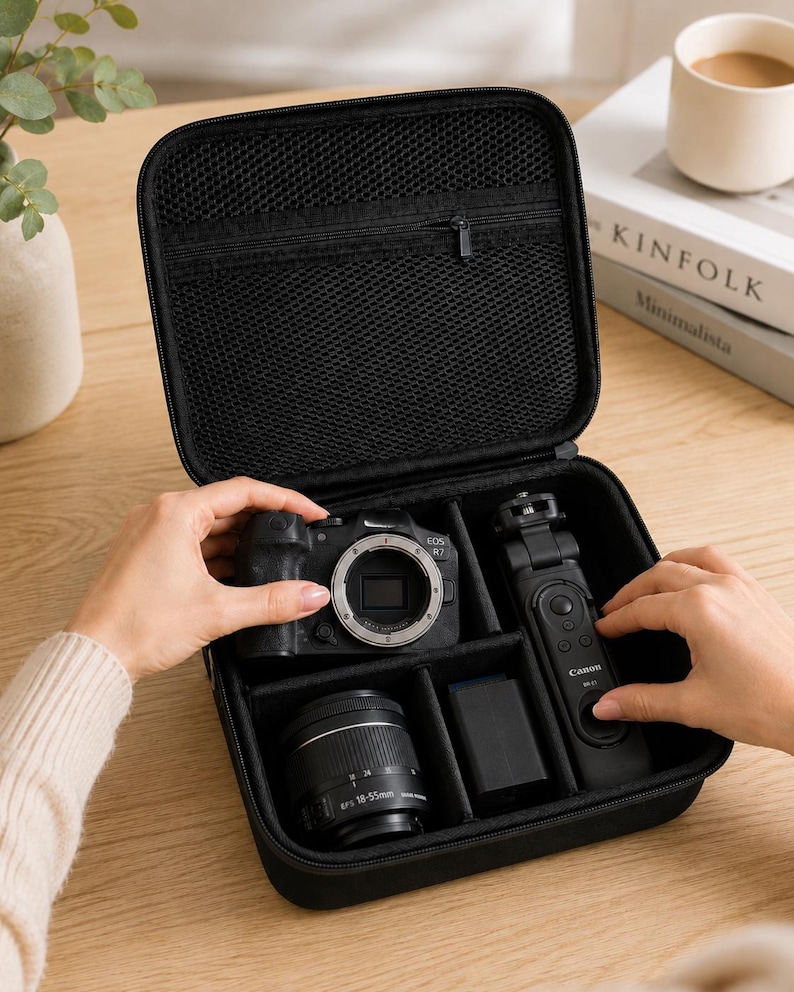 K&ouml;nnte beinhalten: Schwarze Kameratasche mit einer Canon EOS R7 Kamera, Objektiv, Akku und Fernbedienung. Die Tasche hat eine Netztasche auf der Innenseite des Deckels. Die Tasche befindet sich auf einer Holzoberfl&auml;che.