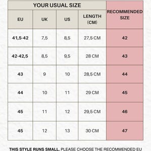 May include: A shoe size guide chart titled Men's shoe size GUIDE. The table lists EU, UK, and US sizes alongside length in centimeters and a recommended EU size. Text at the bottom states: THIS STYLE RUNS SMALL. PLEASE CHOOSE THE RECOMMENDED EU SIZE SHOWN IN THE CHART. IF YOU ARE BETWEEN SIZES, CHOOSE THE LARGER SIZE.