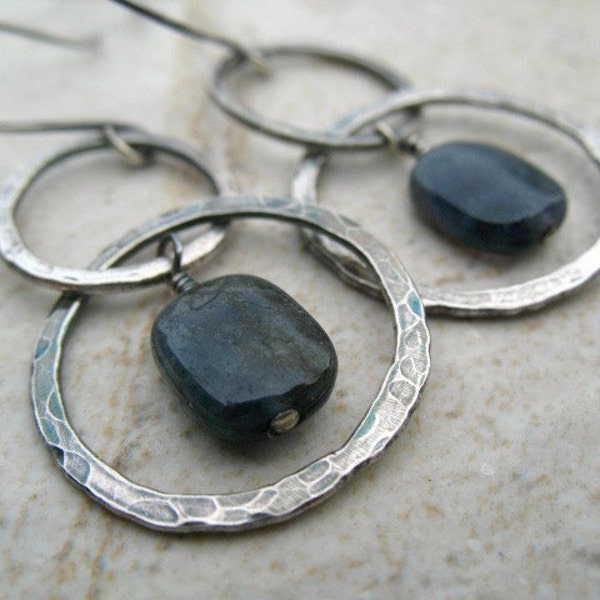 Silver Hoop Earrings with Iolite Sterling Silver Jewelry Hammered Oxidized Casual Earrings
