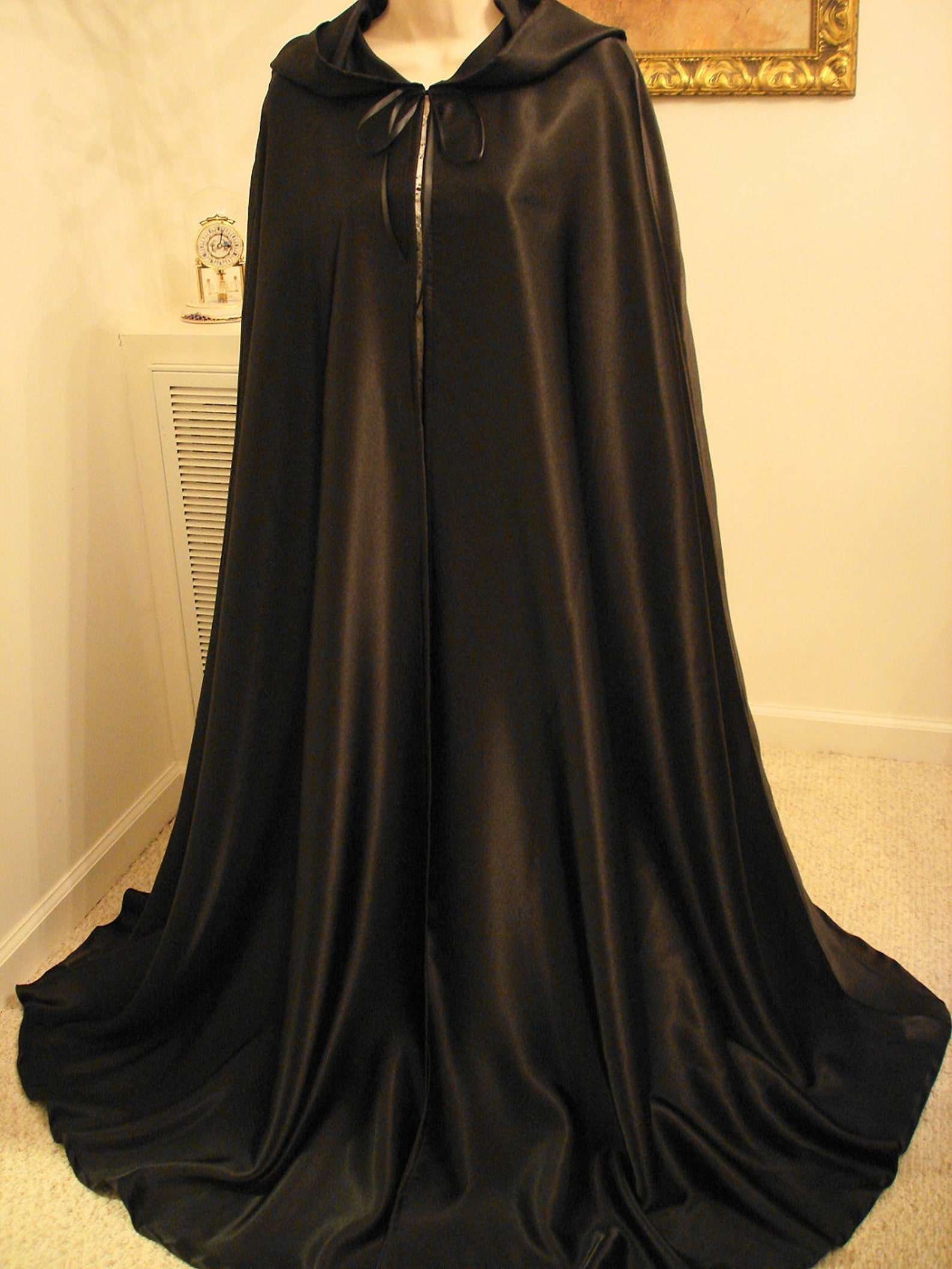 Black Satin Hooded Cape Cloak Long Adult M Etsy