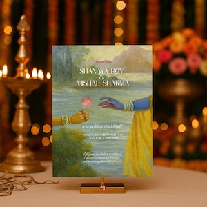 May include: A wedding invitation featuring an artistic illustration of two figures exchanging a flower. The invitation includes the names "SHANAYA ROY & VISHAL SHARMA" and the text "are getting married!" with the wedding date and location.